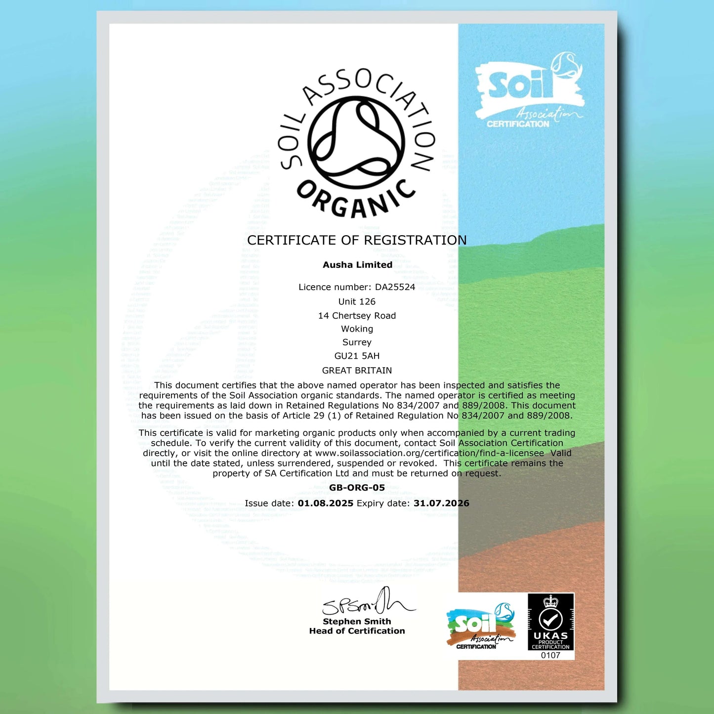 Organic Cashew Nuts certification from Soil Association showing Ausha Limited's organic certification details