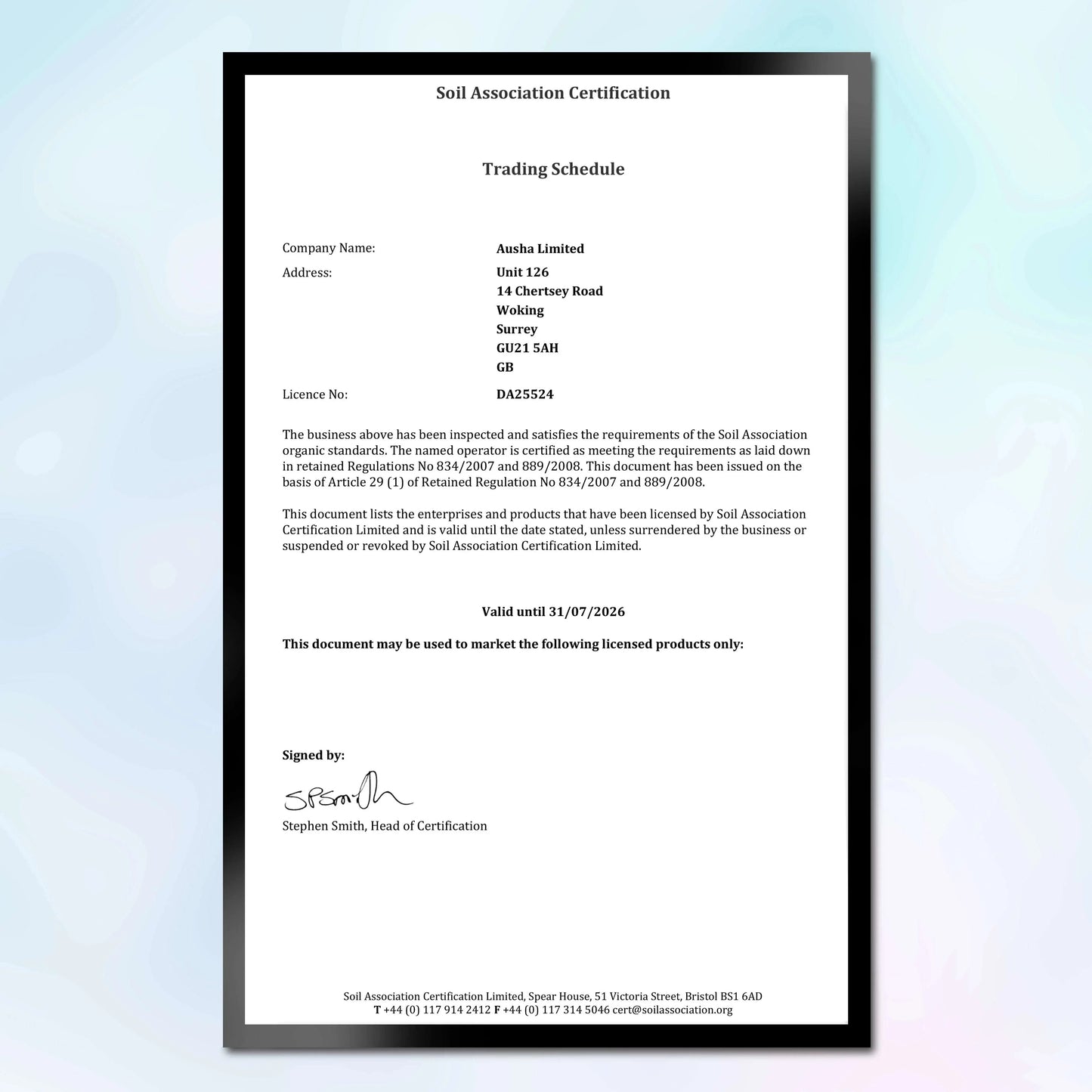 Certificate of Soil Association Certification for Ausha Limited organic cashew nuts