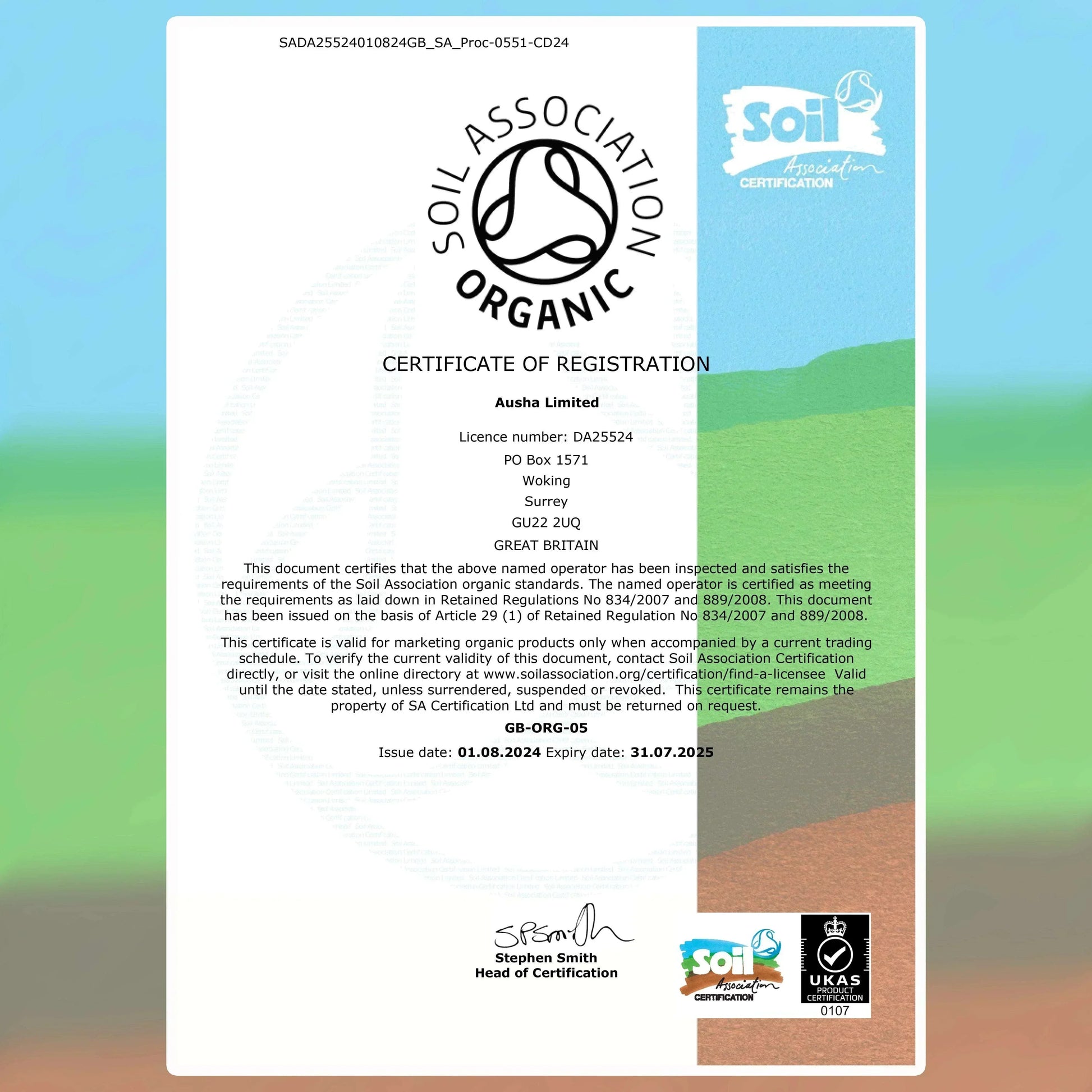 Ausha Organic licence certified by Soil Association.