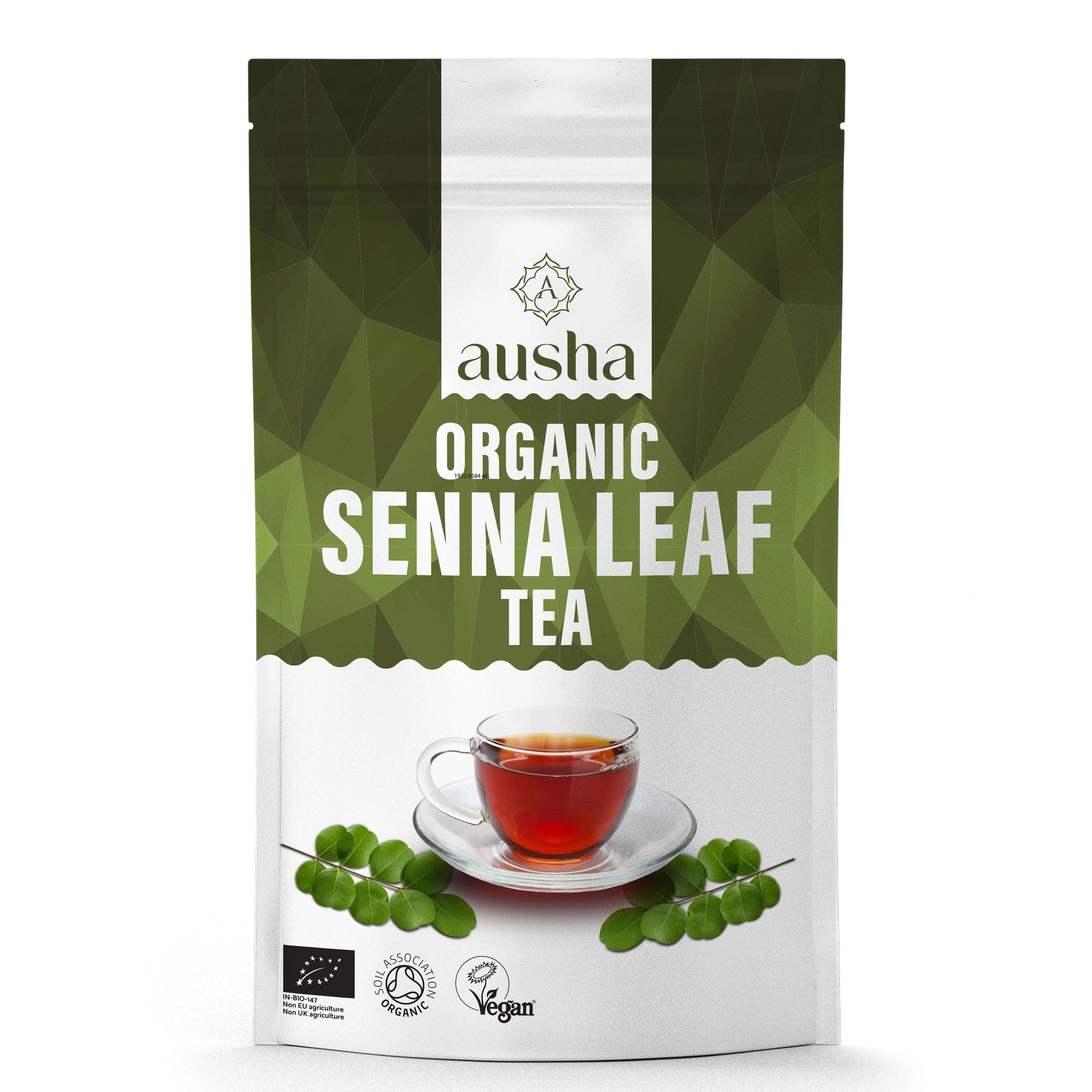 Organic Senna Tea 100g package with cup of brewed tea and senna leaves, certified organic and vegan.