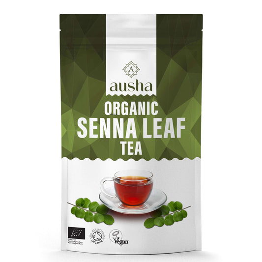 Organic Senna Tea 100g package with cup of brewed tea and senna leaves, certified organic and vegan.