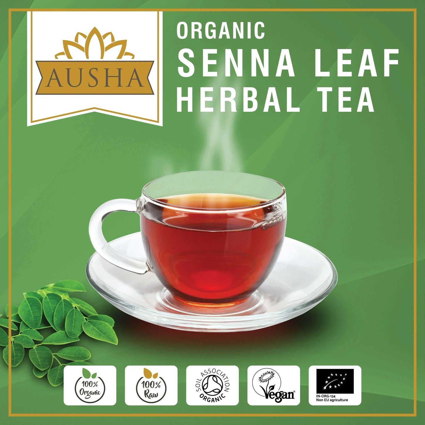 Organic Senna Leaf Tea 100g with steaming cup, vegan organic certification logos.