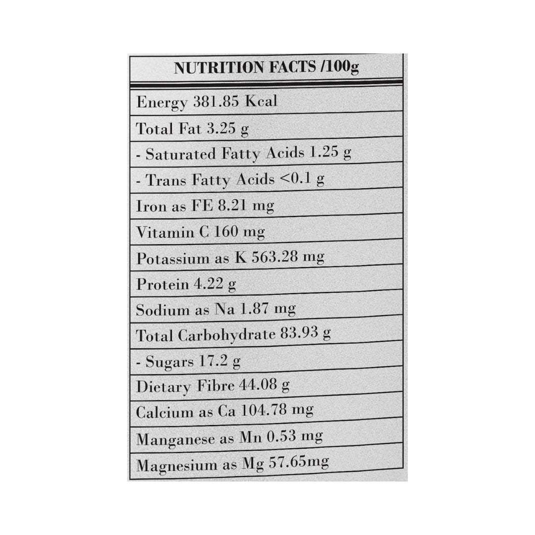 Nutrition facts label for organic triphala powder detailing energy, vitamins, minerals, and dietary components per 100g.