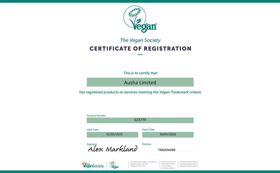Vegan Society certificate for Ausha Limited, Vegan Trademark criteria compliance.