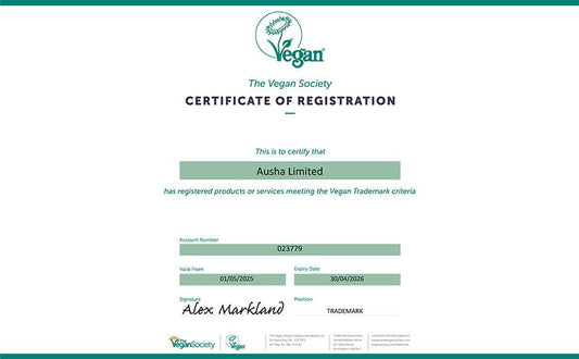 Vegan Society certificate for Ausha Limited, Vegan Trademark criteria compliance.