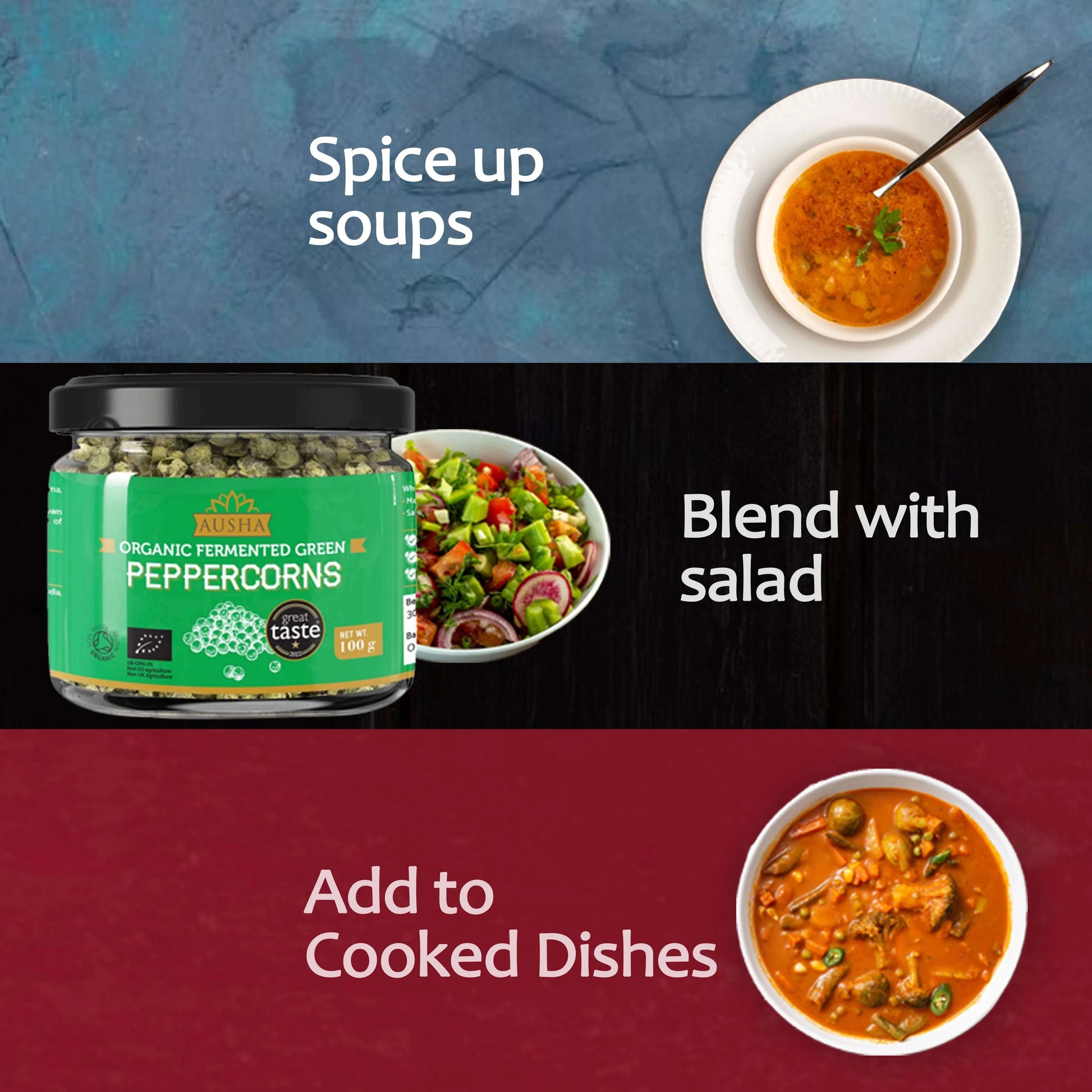 Organic Green Peppercorns in Brine 100g for enhancing soups, salads, and cooked dishes.