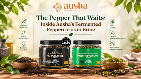 Ausha organic fermented green and black peppercorns in brine jars from Kerala