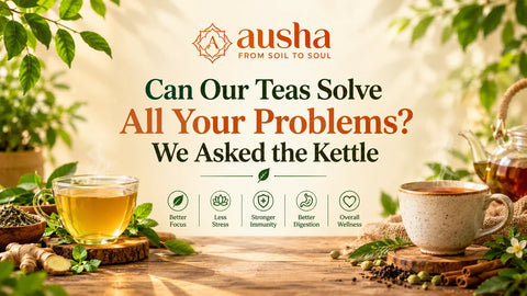 A selection of Ausha organic herbal teas arranged on a wooden surface with a warm cup of tea