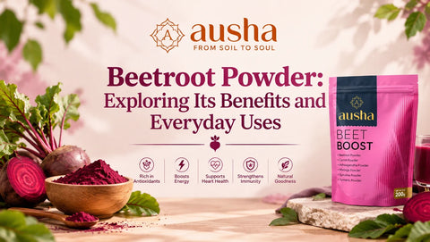 Ausha Beet Boost Powder 200g with fresh beetroot and organic beetroot powder in a wooden bowl