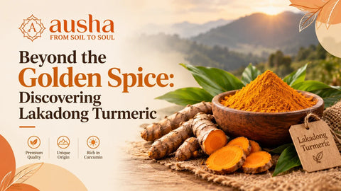 Organic Lakadong turmeric powder in a wooden bowl with fresh turmeric roots