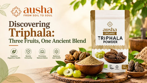 Organic triphala powder in a wooden bowl — Ayurvedic blend of amla, haritaki and bibhitaki