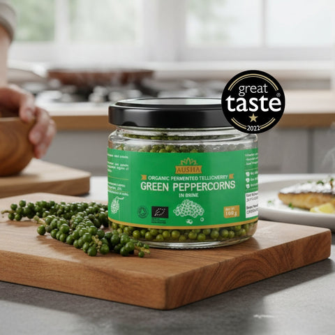 Ausha Organic Green Peppercorns in Brine 100g — 1 Star Great Taste Award 2025, fermented with turmeric and lime, Wayanad Kerala India