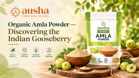 Organic amla powder in a wooden bowl with fresh Indian gooseberry fruit
