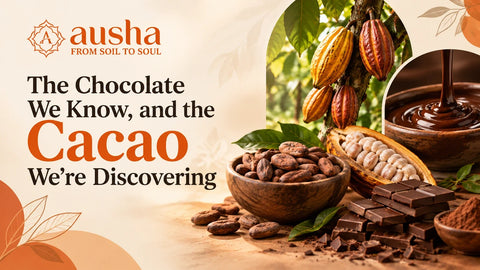 Organic ceremonial cacao paste block and cacao nibs on a wooden surface