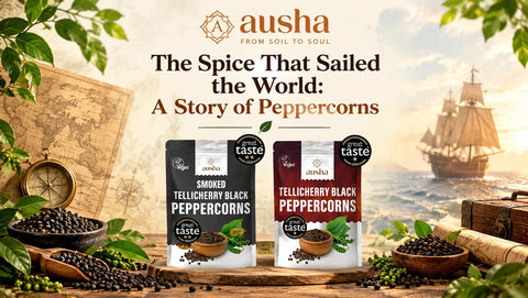Fresh green peppercorns on the vine in Kerala, India — Ausha's award-winning organic peppercorn range