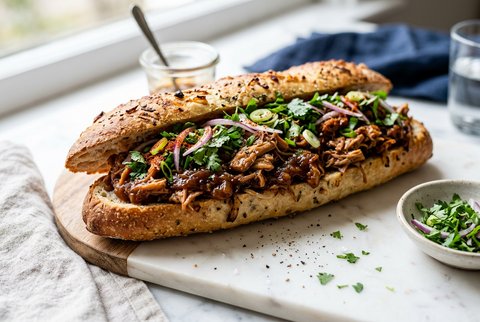 Tangy, Spicy & Caramelised Onion Pulled Jackfruit Baguette