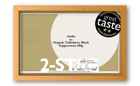 Award certificate for Organic Tellicherry Black Peppercorns, 2-star Great Taste Award 2022.