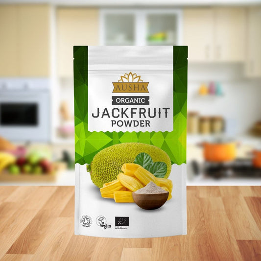 Organic Jackfruit Powder 250g by Ausha in a kitchen setting, certified organic, vegan-friendly, versatile for baking, smoothies, and cereals.