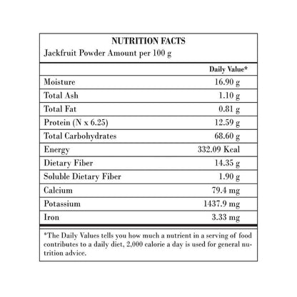 Organic Jackfruit Powder 250g nutrition facts, daily values per 100g, certified vegan.