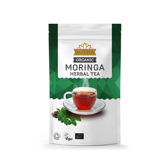 Organic Moringa Tea 100g package with herbal infusion image.