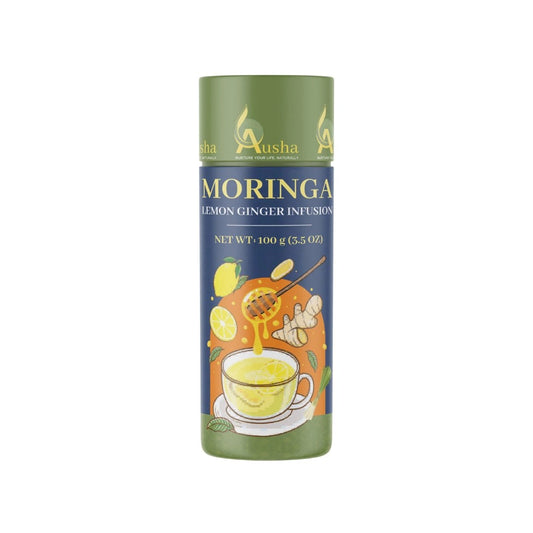 Moringa Lemon Ginger Tea in green cylindrical packaging, featuring illustrations of lemon, ginger, and honey.