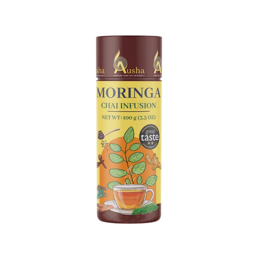 Moringa Tea Masala Chai infusion with chai spices in a 100g package.