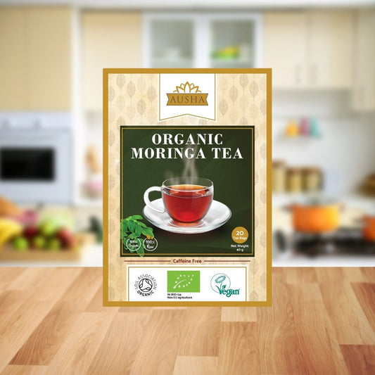Organic Moringa Tea 20/40 Bags, earthy herbal infusion from Moringa oleifera leaves, organic, no additives.