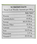 Nutrition facts of Organic Neem Powder per 100g showing protein, carbohydrates, energy, dietary fiber, calcium, iron, potassium, and vitamin C.