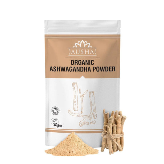 Organic Ashwagandha Powder by Ausha, certified vegan and organic, on a white background with ashwagandha roots.