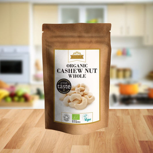 Organic Cashew Nuts Whole package on a kitchen countertop.
