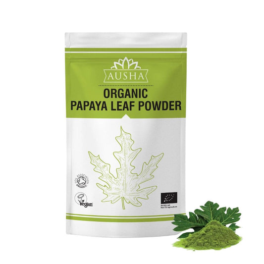 Organic Papaya Leaf Powder 100g in a green and white package with a papaya leaf illustration, showcasing purity and organic certification.