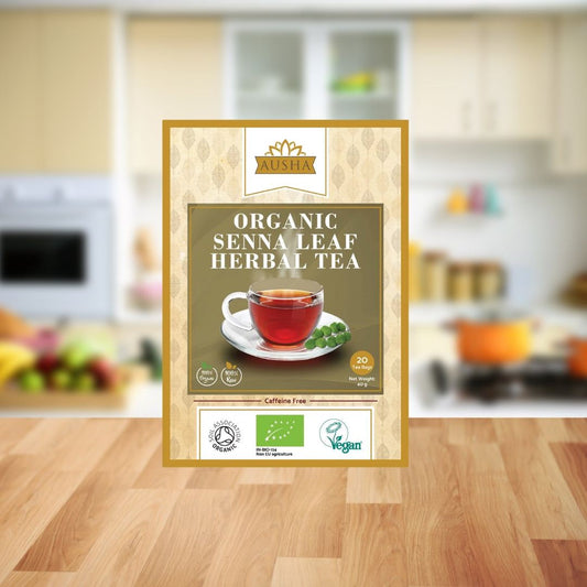 Organic Senna Leaf Tea Bags in kitchen setting, certified organic and vegan-friendly.