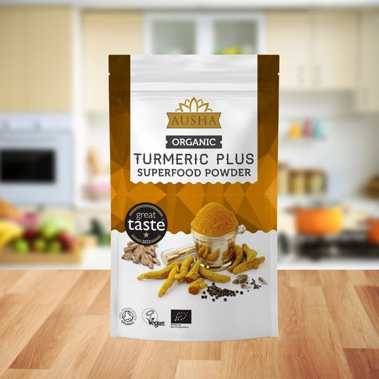 Organic Turmeric Superfood Powder 250g with turmeric, ginger, cardamom, black pepper; Great Taste Award 2023.