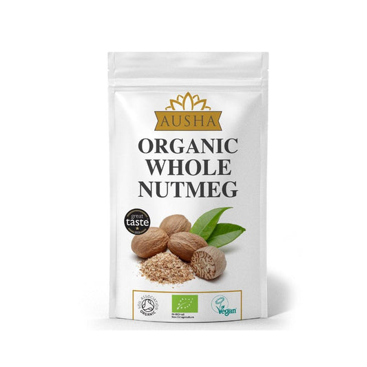 Organic whole nutmeg package with aromatic, sweet-spicy notes.