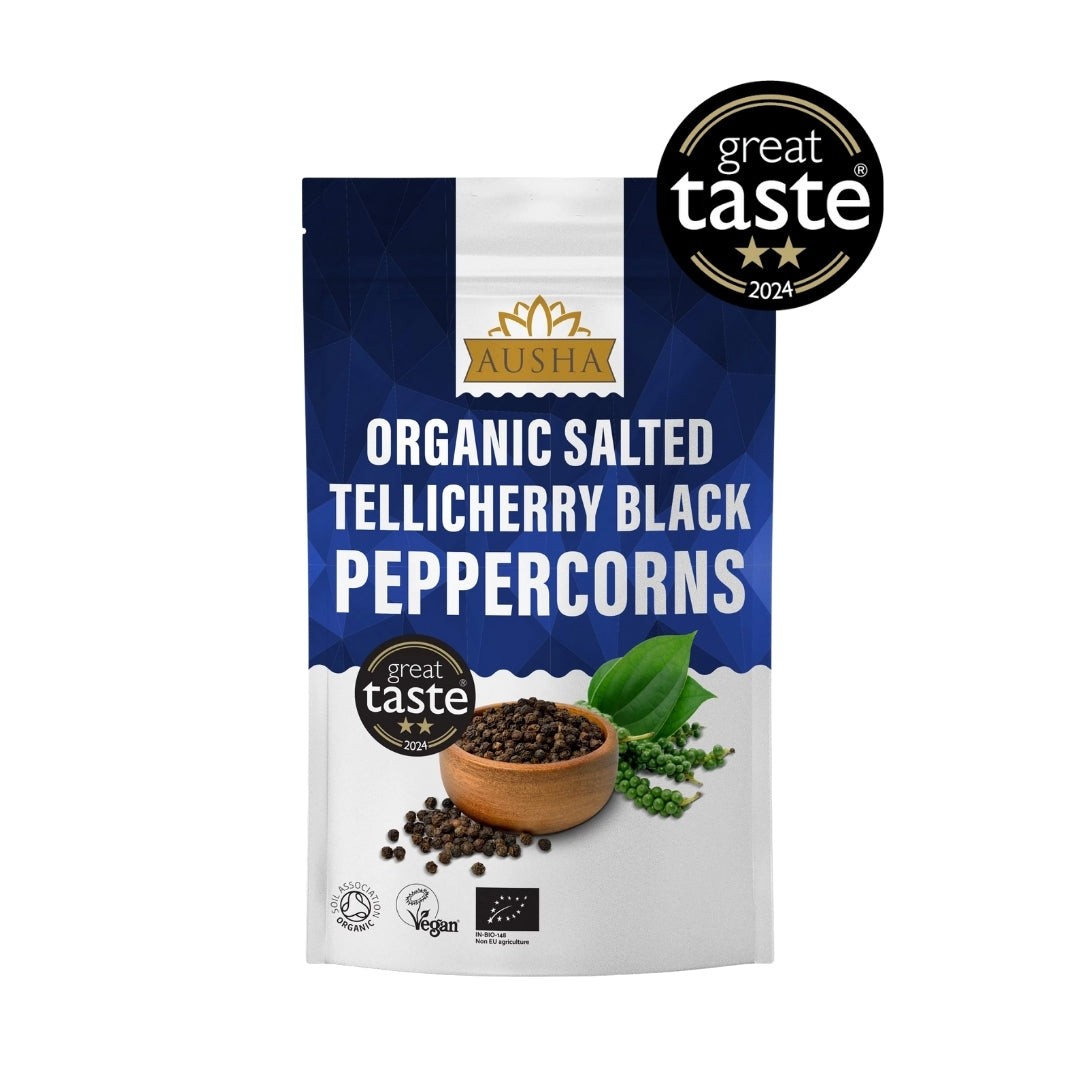 Organic Telicherry Black Peppercorns Salted 100g - 2** GREAT TASTE AWARD