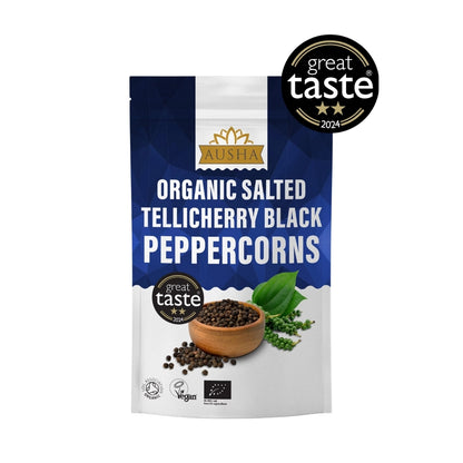 Organic Telicherry Black Peppercorns Salted 100g - 2** GREAT TASTE AWARD