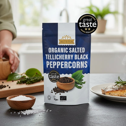 Organic Telicherry Black Peppercorns Salted 100g - 2** GREAT TASTE AWARD