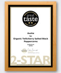 Award certificate for Ausha Organic Tellicherry Salted Black Peppercorns, Great Taste 2024, 2-star rating.