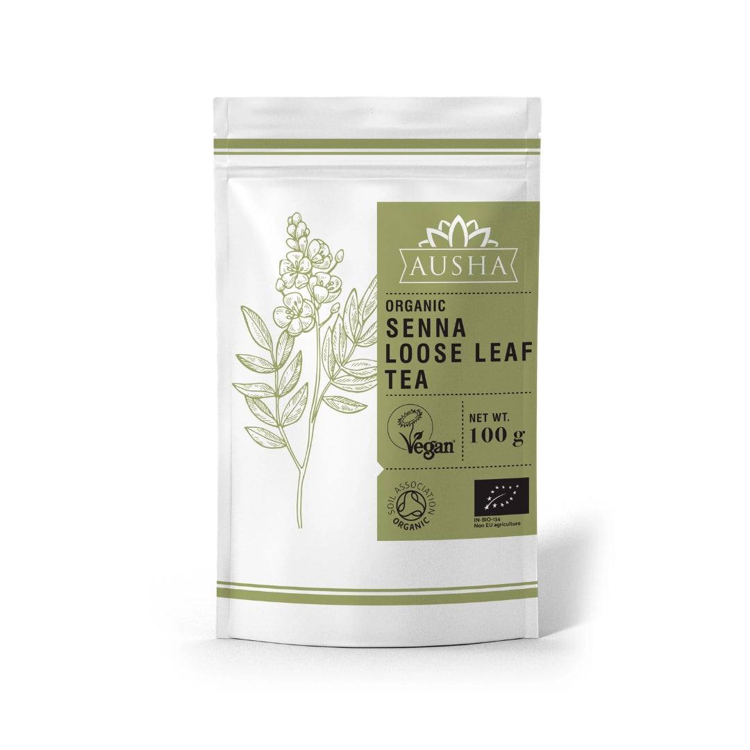 Organic Senna Tea 100g, certified organic, vegan, herbal tea packaging.