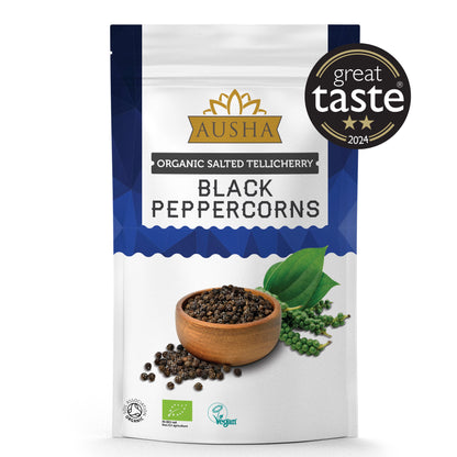 Organic Telicherry Black Peppercorns Salted 100g - 2** GREAT TASTE AWARD