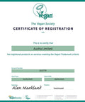 Vegan Society certificate for Ausha Limited, Vegan Trademark criteria compliance.